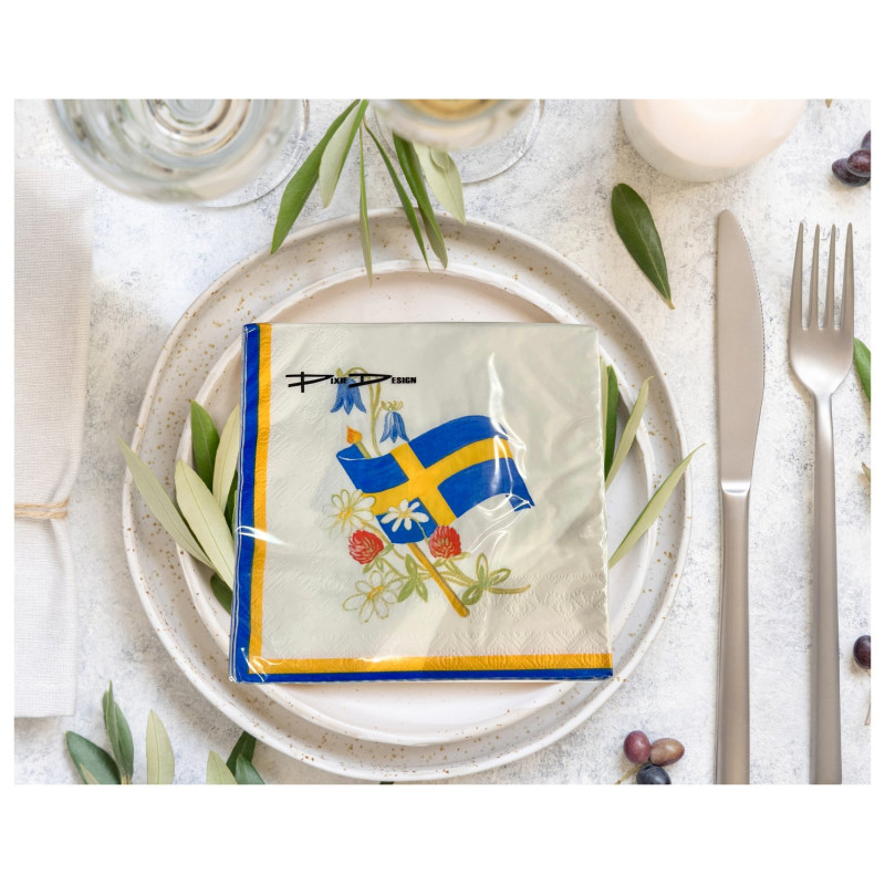 Servetter Svensk flagga/Blommor 33x33cm 20-pack